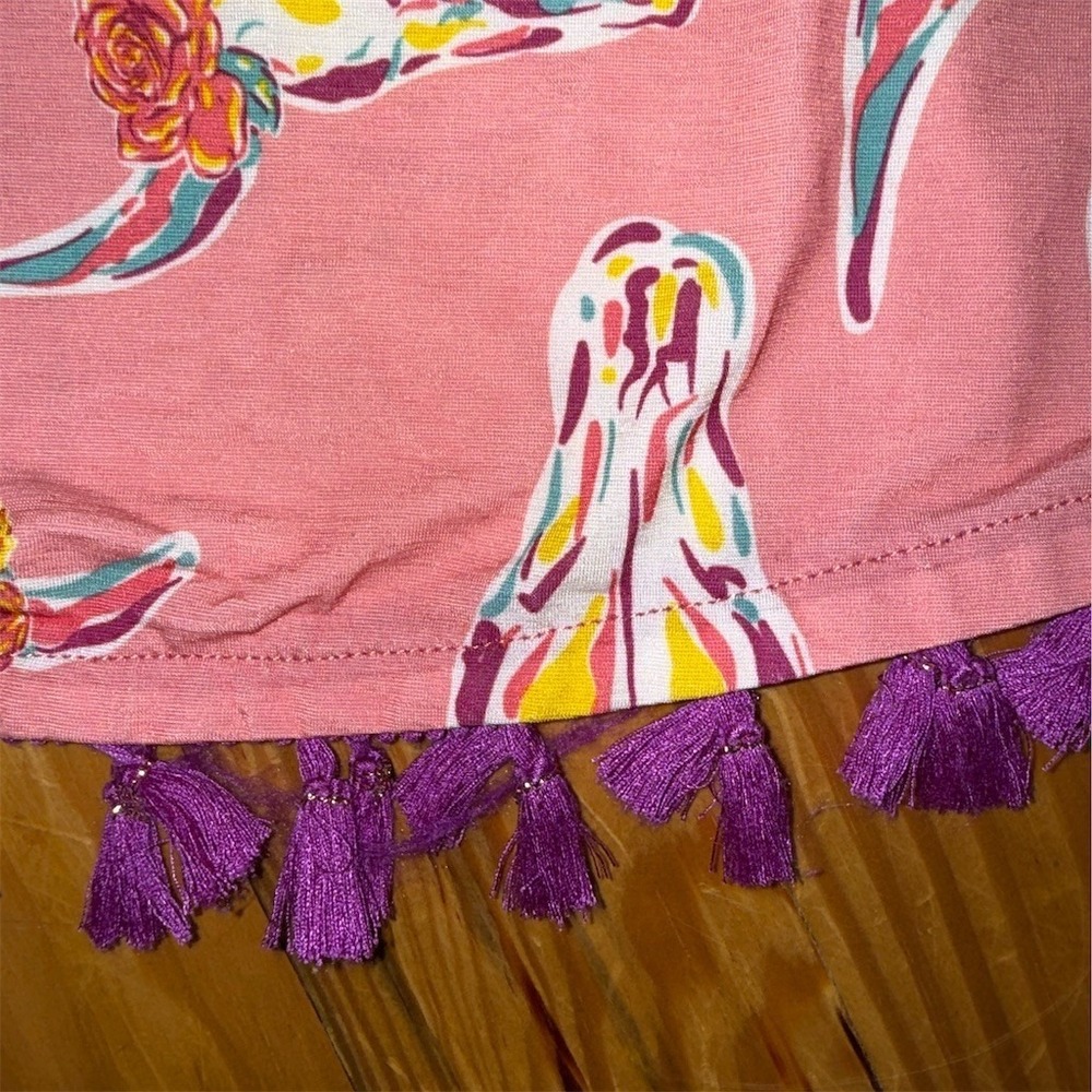 Simply Southern Dress Womens L Pink Longhorn Skull Floral Tassel Hem Swing charm - Picture 4 of 8